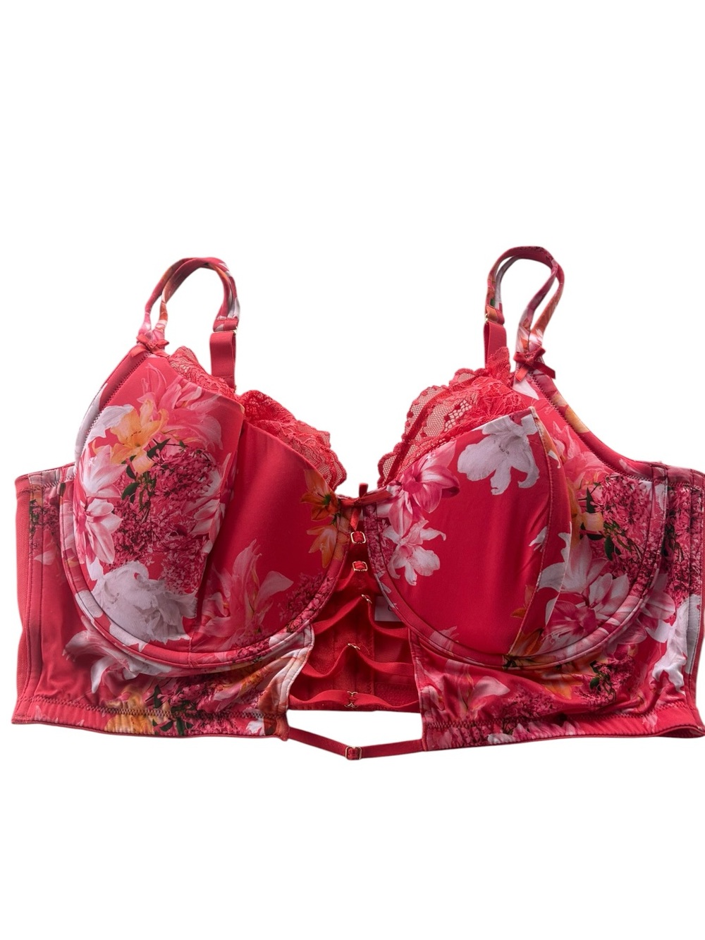 Cacique Floral Lace Longline Balconette Bra 46DDD Pink Red Underwire 46F